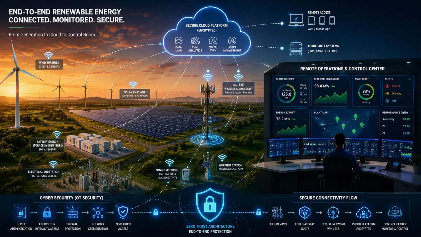 Illustration of a connected renewable energy plant with remote monitoring and control