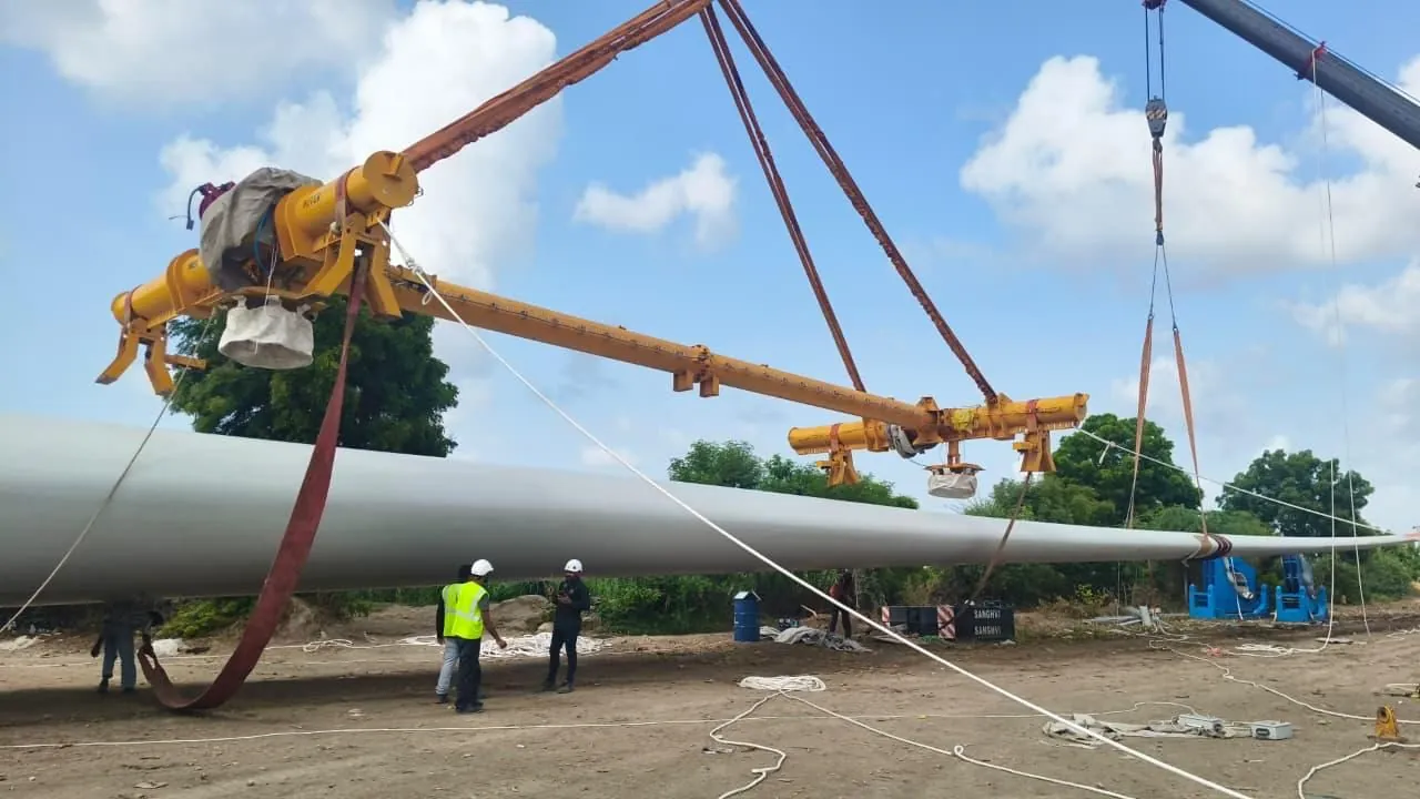 Wind turbine blade being rigged for lifting
